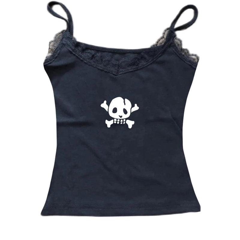 Y2K Skull Lace Crop Tank Top — Harajuku Goth Graphic Sleeveless Top