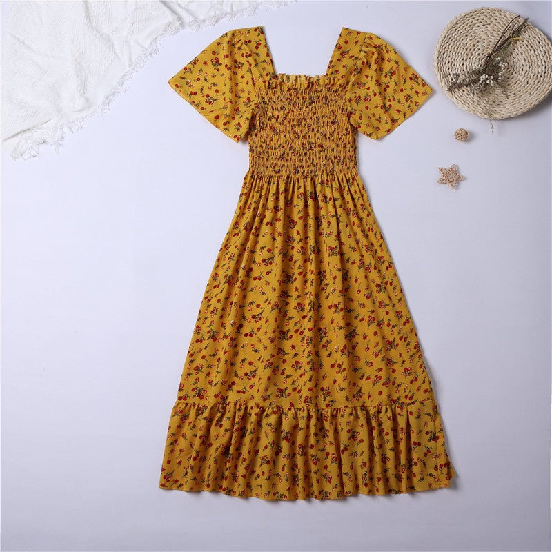 Printed Floral Chiffon Midi Dress — Short Sleeve Elastic Waist Summer Dress