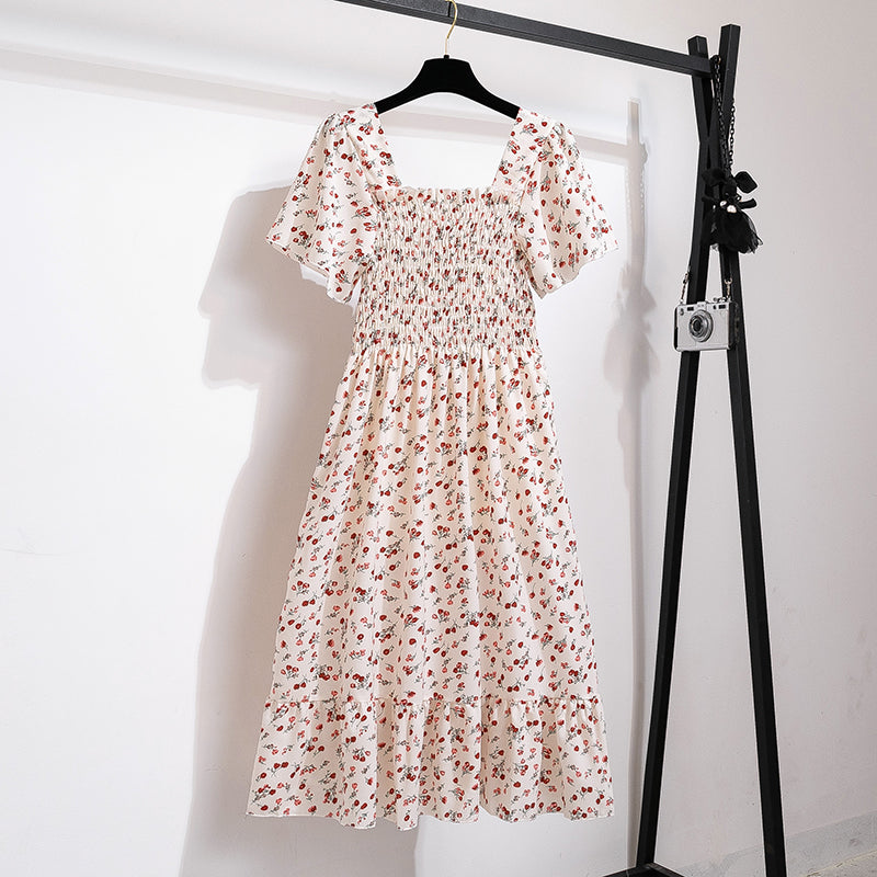 Printed Floral Chiffon Midi Dress — Short Sleeve Elastic Waist Summer Dress