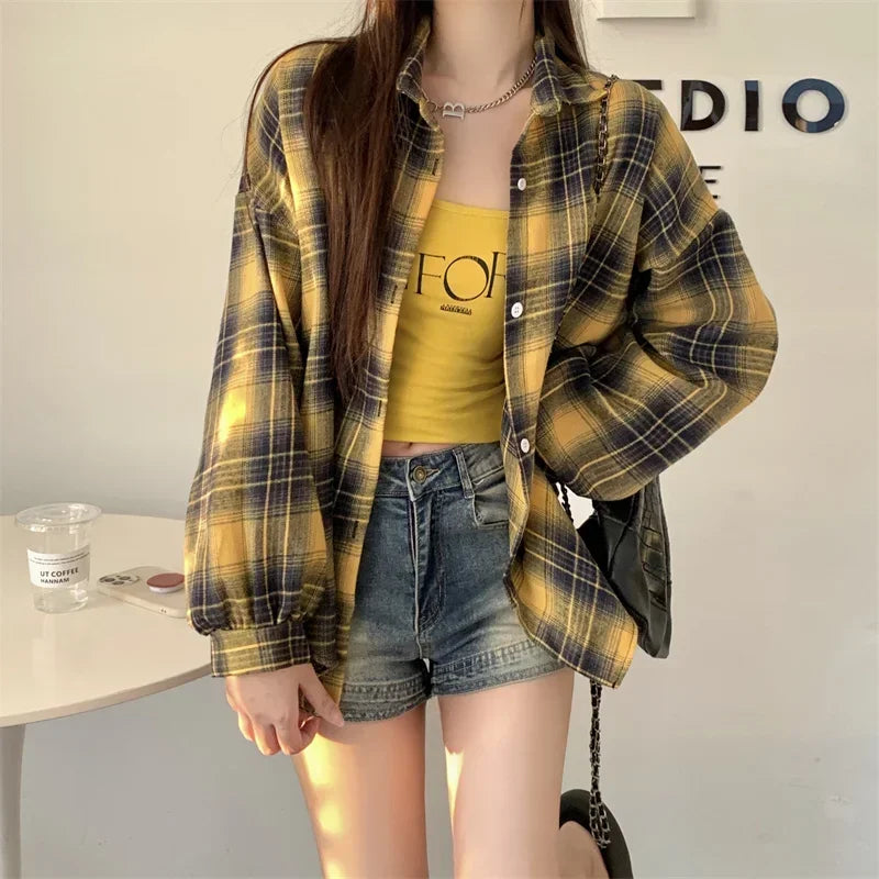 Women's Tartan Plaid Flannel Shirt Jacket — Long Sleeve Button-Up Top