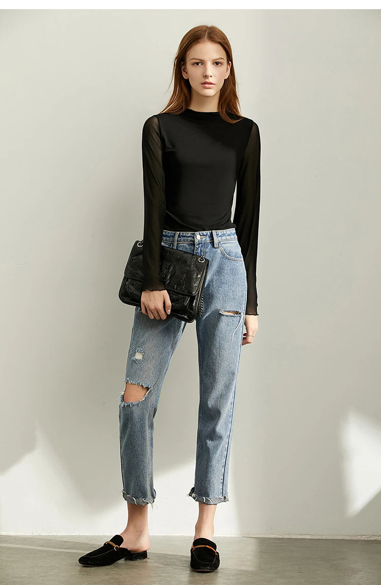 Semi-Turtleneck Slim Mesh Long Sleeve Top — Women's Casual Bottoming Shirt