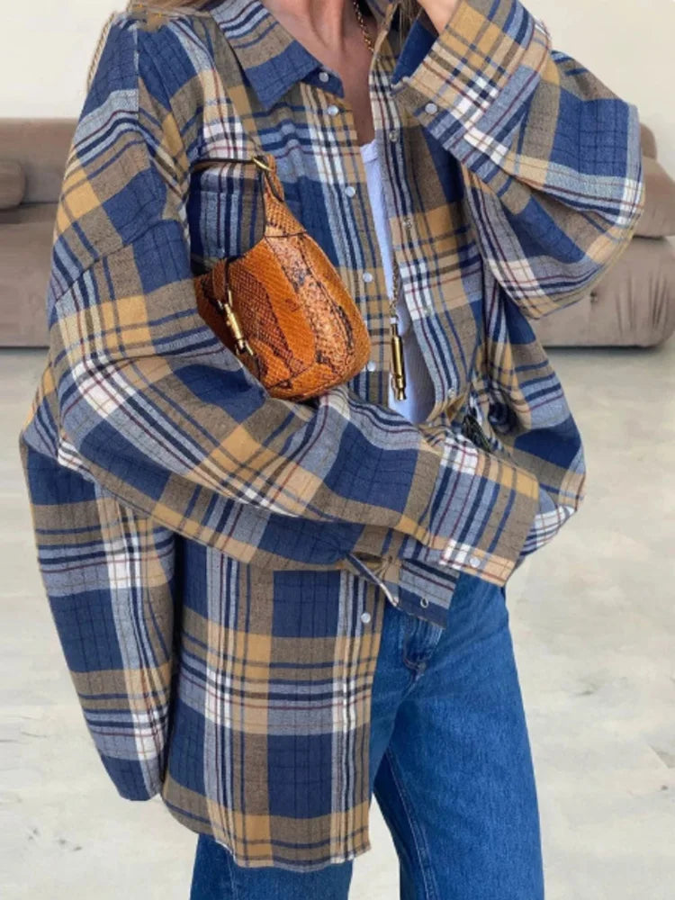 Oversized Vintage Plaid Shirt — Women's Loose Long Sleeve Flannel Top