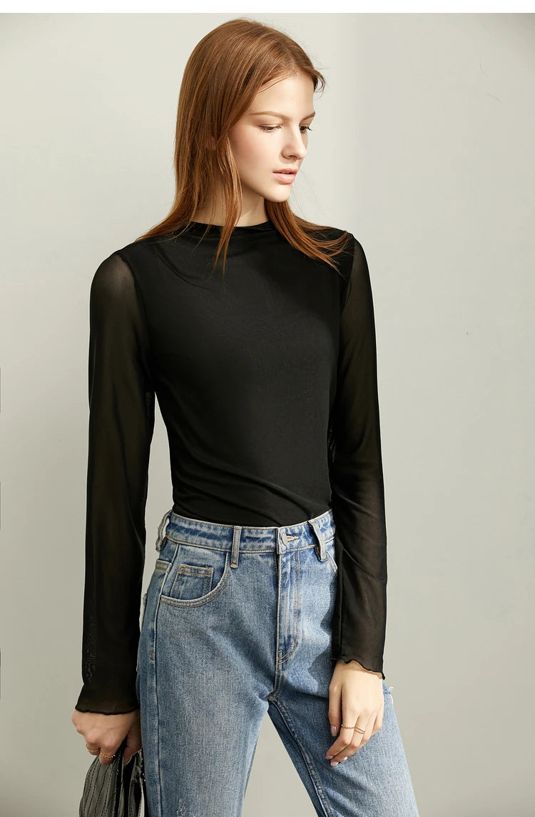 Semi-Turtleneck Slim Mesh Long Sleeve Top — Women's Casual Bottoming Shirt