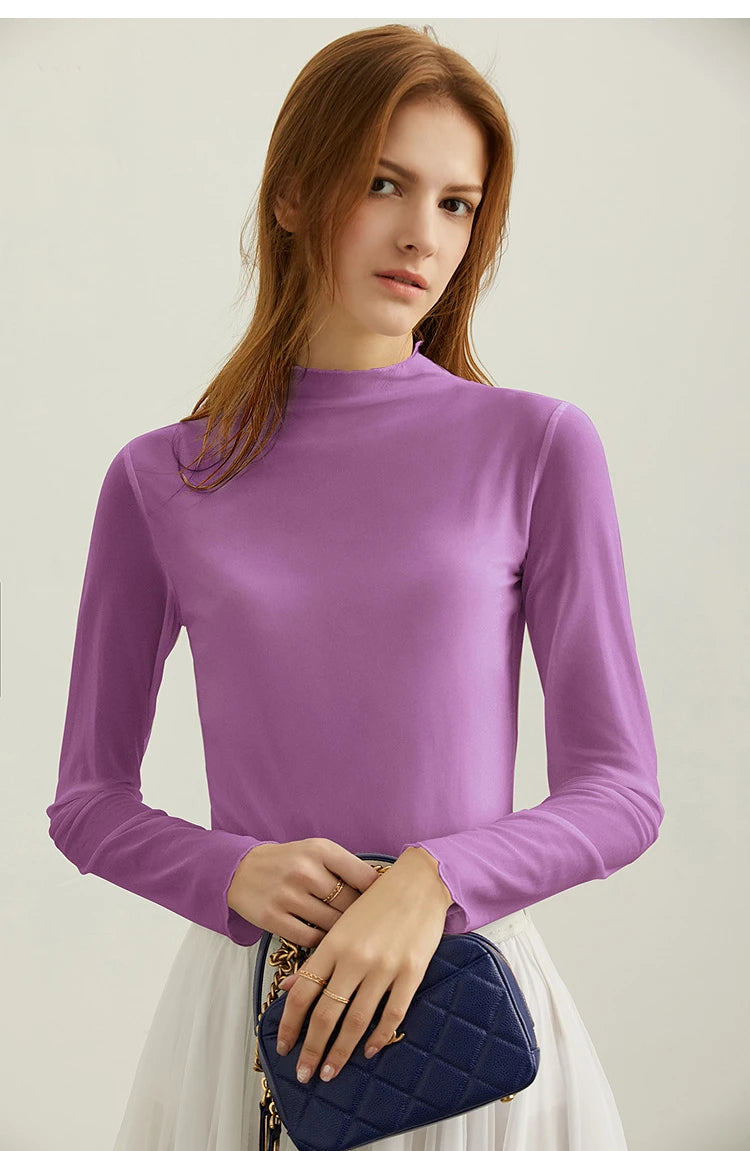 Semi-Turtleneck Slim Mesh Long Sleeve Top — Women's Casual Bottoming Shirt
