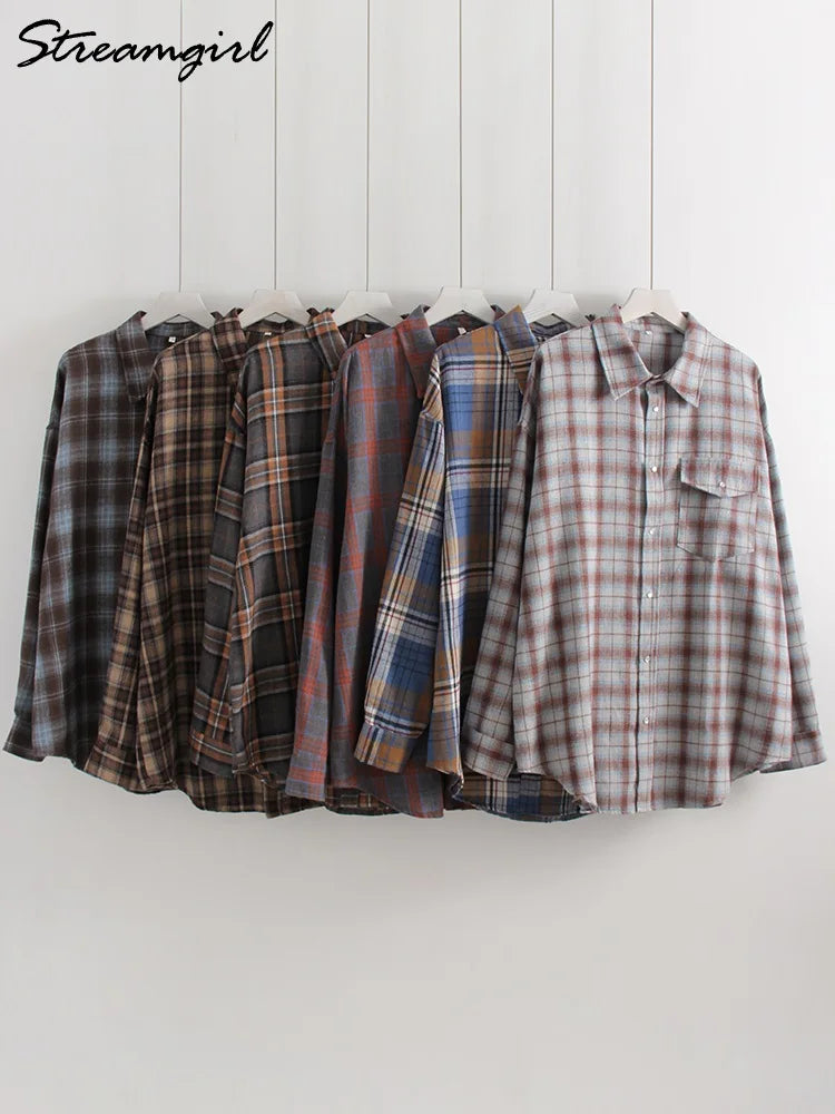 Oversized Vintage Plaid Shirt — Women's Loose Long Sleeve Flannel Top
