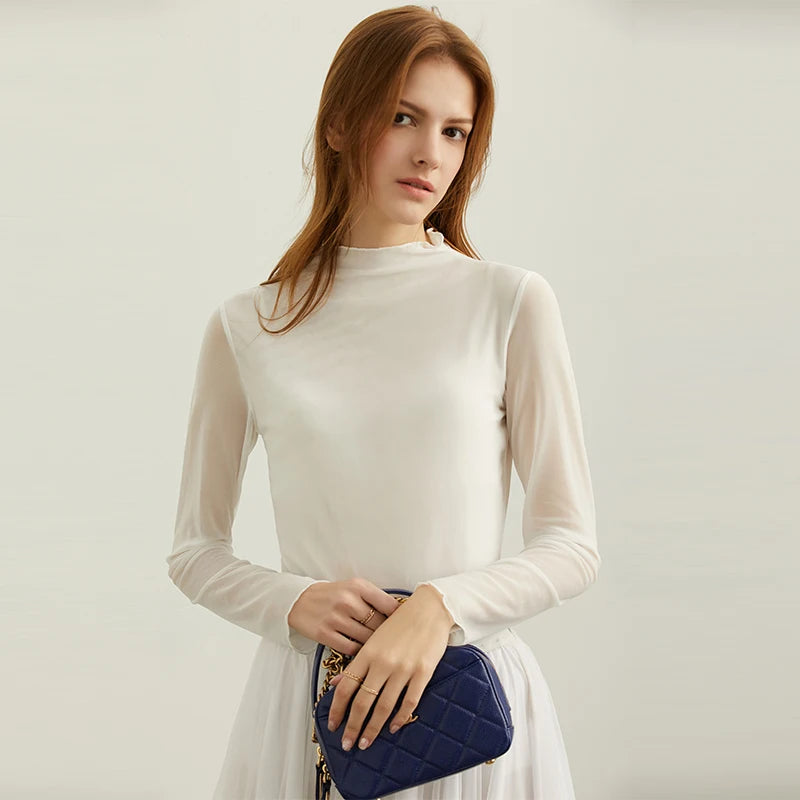Semi-Turtleneck Slim Mesh Long Sleeve Top — Women's Casual Bottoming Shirt