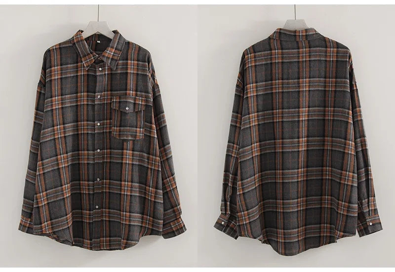 Oversized Vintage Plaid Shirt — Women's Loose Long Sleeve Flannel Top
