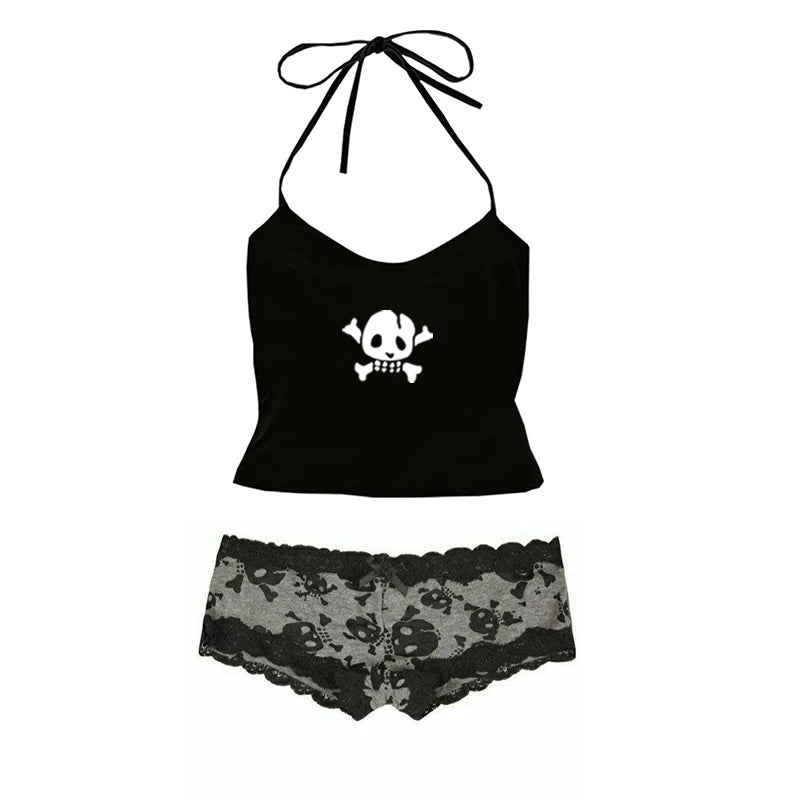 Y2K Skull Lace Crop Tank Top — Harajuku Goth Graphic Sleeveless Top