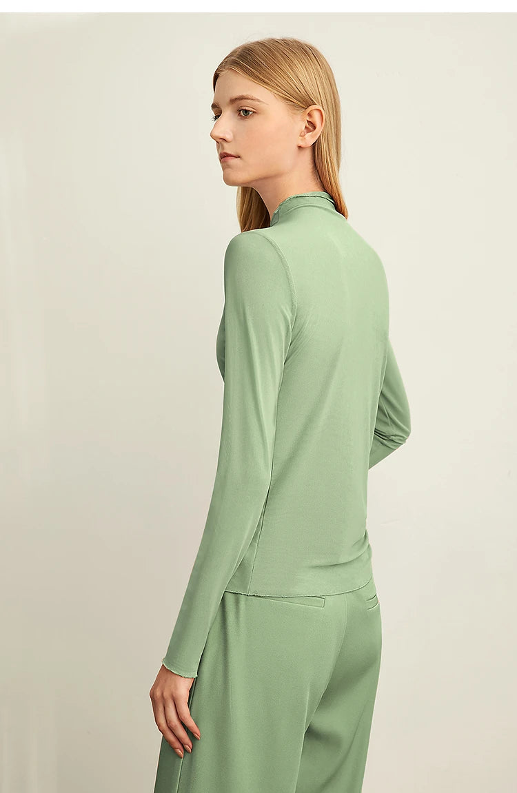 Semi-Turtleneck Slim Mesh Long Sleeve Top — Women's Casual Bottoming Shirt