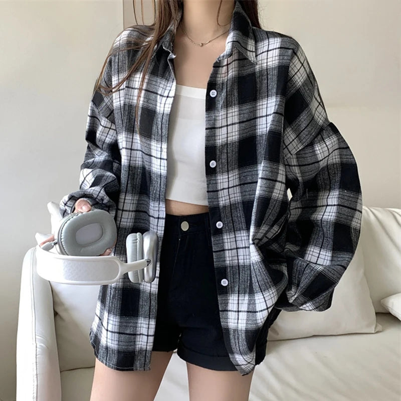 Women's Tartan Plaid Flannel Shirt Jacket — Long Sleeve Button-Up Top