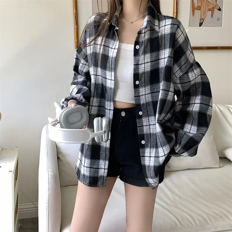 Women's Tartan Plaid Flannel Shirt Jacket — Long Sleeve Button-Up Top