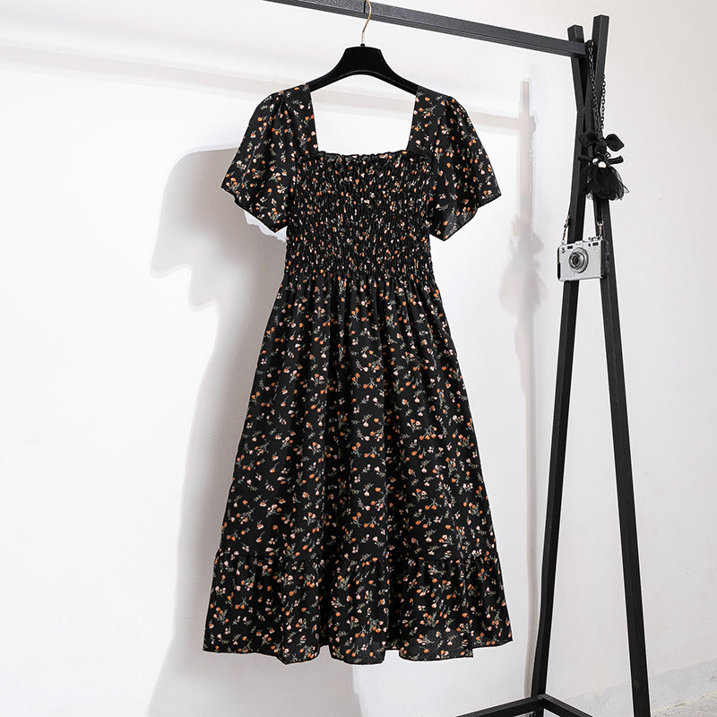Printed Floral Chiffon Midi Dress — Short Sleeve Elastic Waist Summer Dress