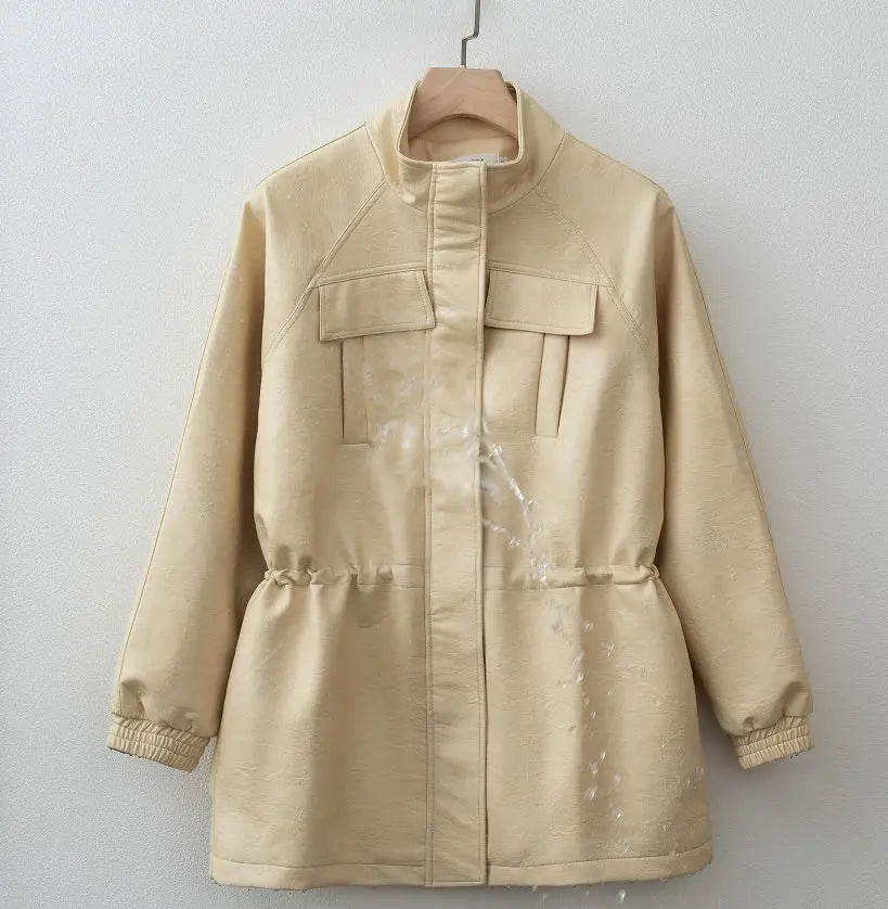 PU Leather Jacket with Adjustable Waist — Women's Zip-Up Fall Coat