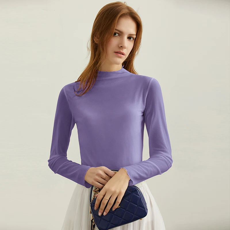 Semi-Turtleneck Slim Mesh Long Sleeve Top — Women's Casual Bottoming Shirt