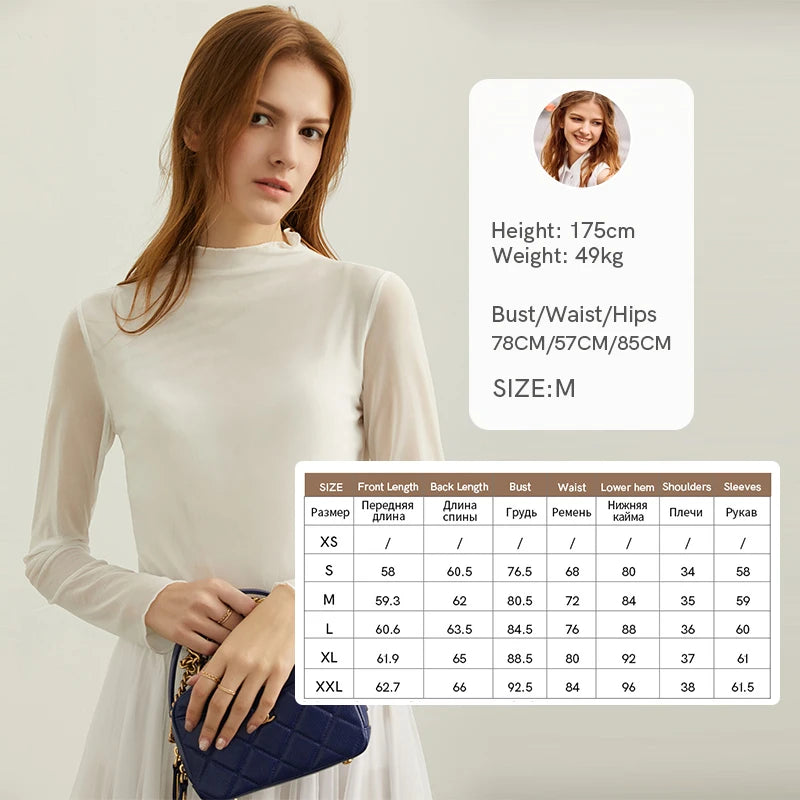 Semi-Turtleneck Slim Mesh Long Sleeve Top — Women's Casual Bottoming Shirt