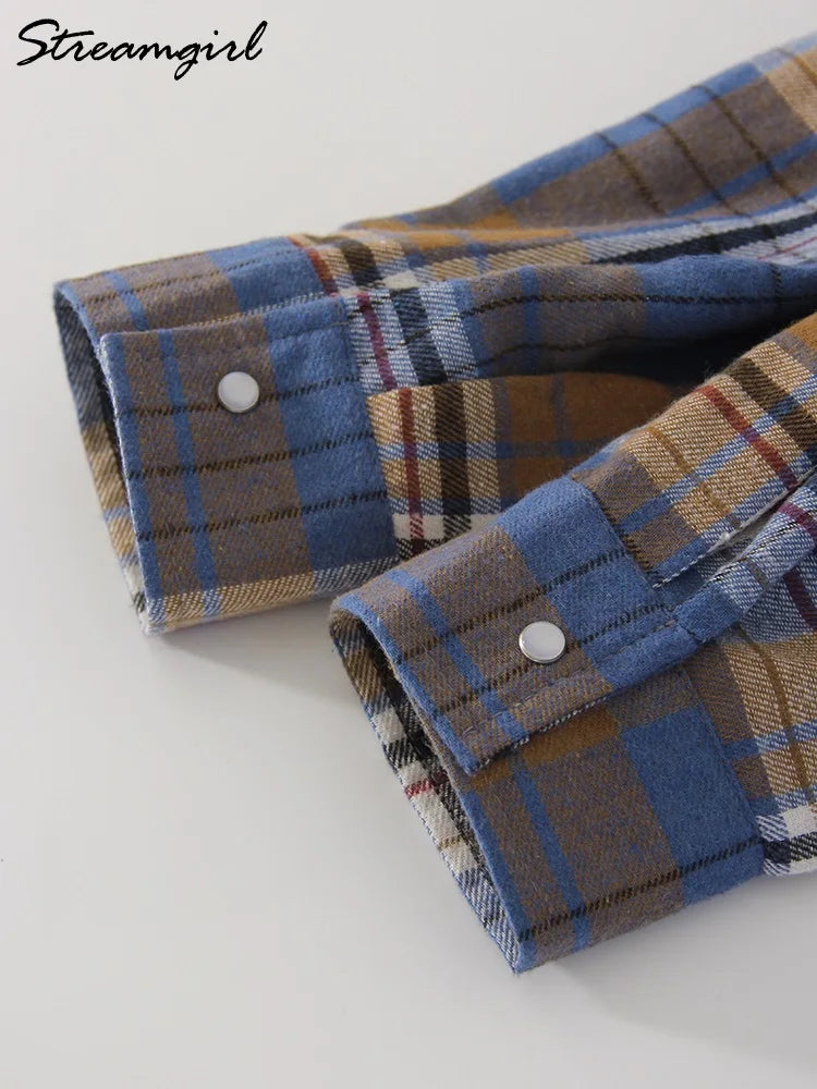 Oversized Vintage Plaid Shirt — Women's Loose Long Sleeve Flannel Top