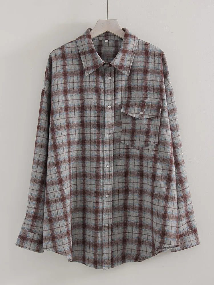 Oversized Vintage Plaid Shirt — Women's Loose Long Sleeve Flannel Top