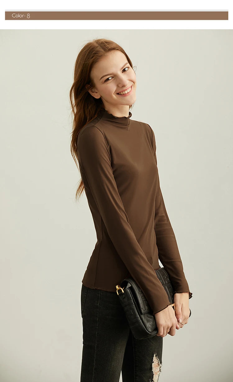 Semi-Turtleneck Slim Mesh Long Sleeve Top — Women's Casual Bottoming Shirt