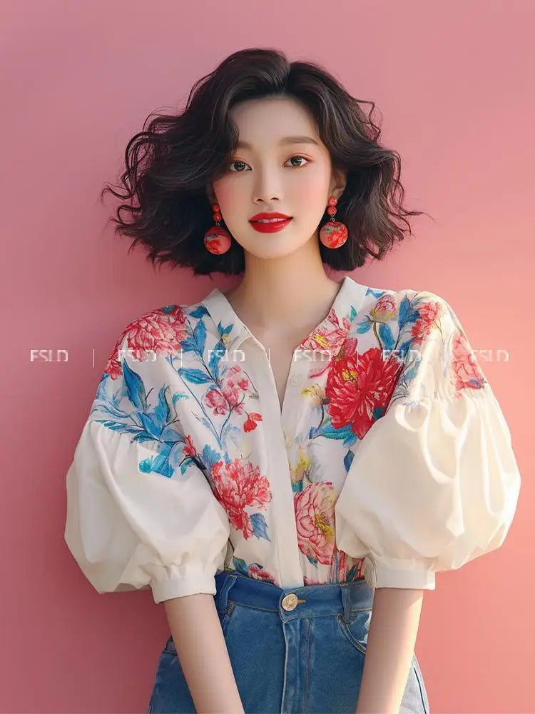 French Floral Puff Sleeve Cardigan — Retro Women's Summer Button-Up Top