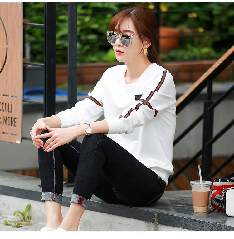 Korean Patchwork Contrast Long Sleeve Top — Loose Casual Women's Shirt