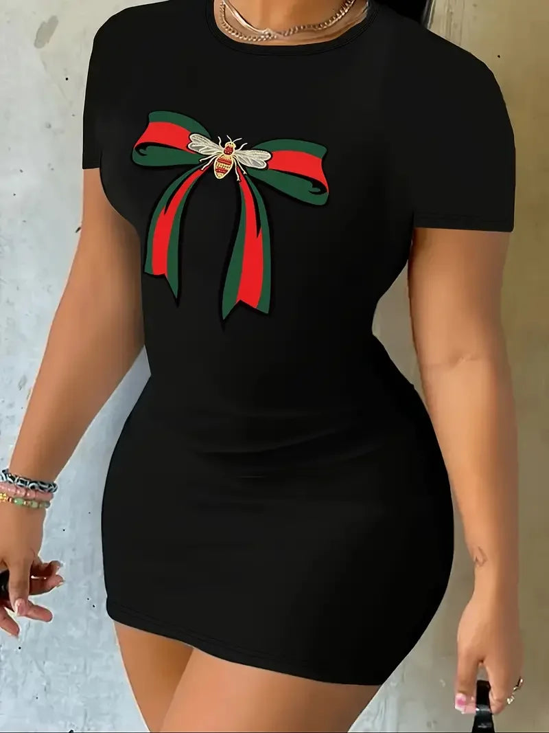 Bee & Bow Print Mini T-Shirt Dress — Short Sleeve Casual Summer Dress
