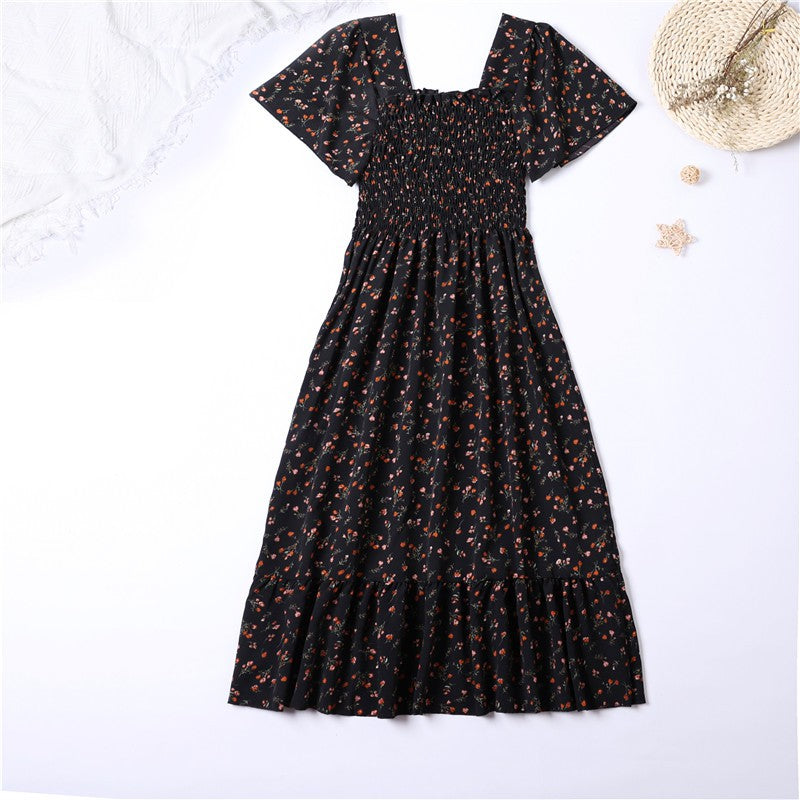 Printed Floral Chiffon Midi Dress — Short Sleeve Elastic Waist Summer Dress