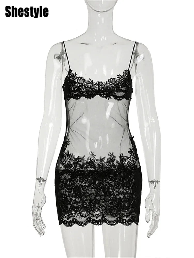 Floral Lace Mesh Mini Dress — Sheer Embroidery Bodycon