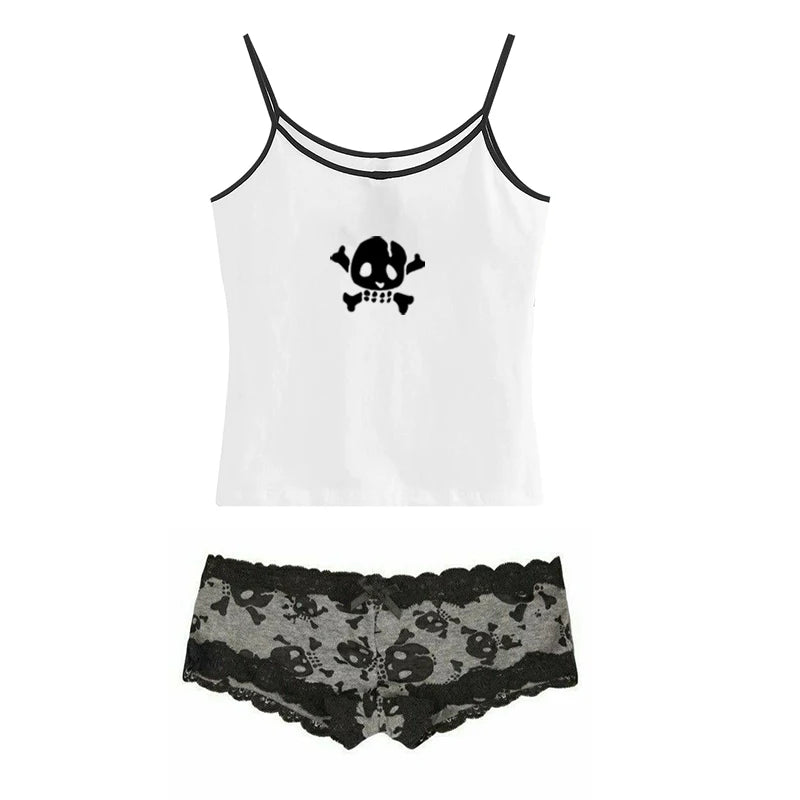 Y2K Skull Lace Crop Tank Top — Harajuku Goth Graphic Sleeveless Top