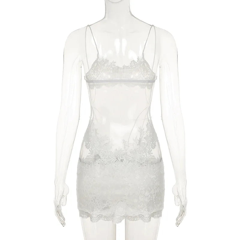 Floral Lace Mesh Mini Dress — Sheer Embroidery Bodycon