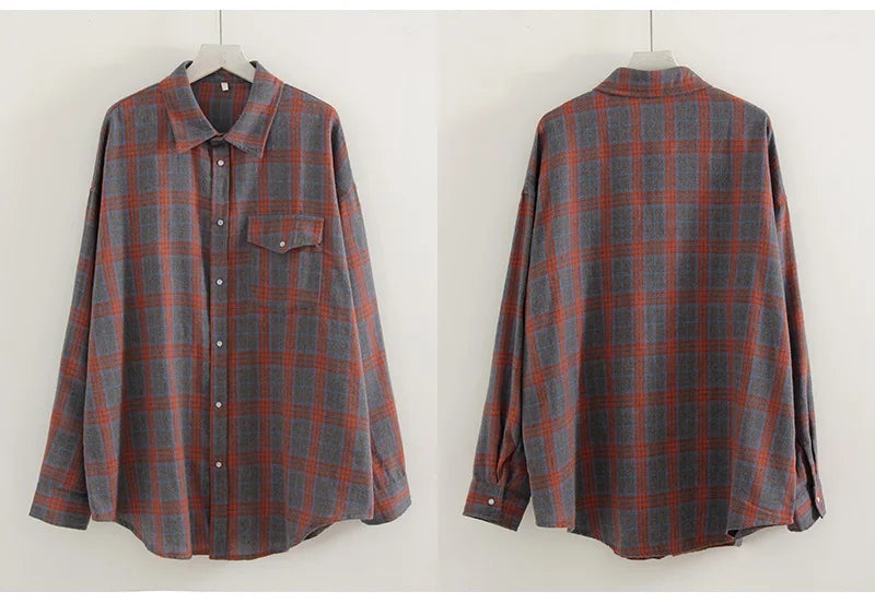 Oversized Vintage Plaid Shirt — Women's Loose Long Sleeve Flannel Top