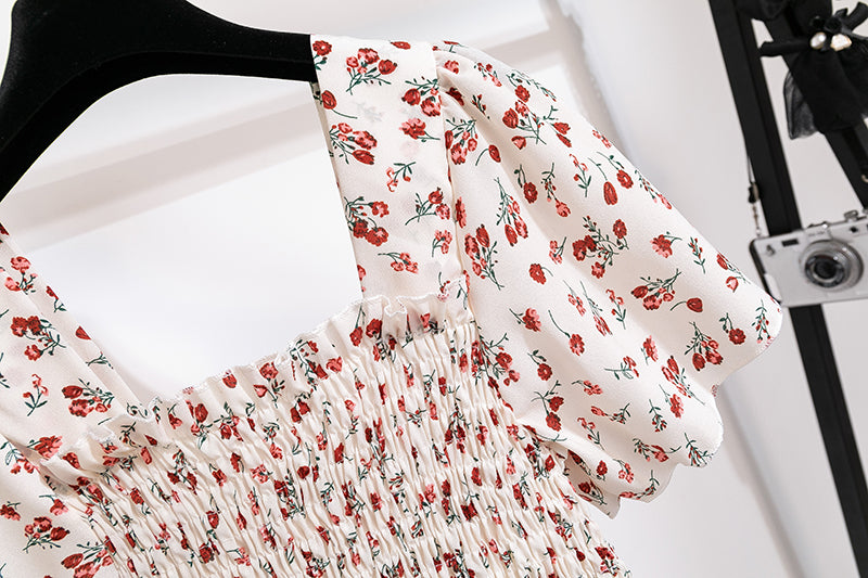 Printed Floral Chiffon Midi Dress — Short Sleeve Elastic Waist Summer Dress