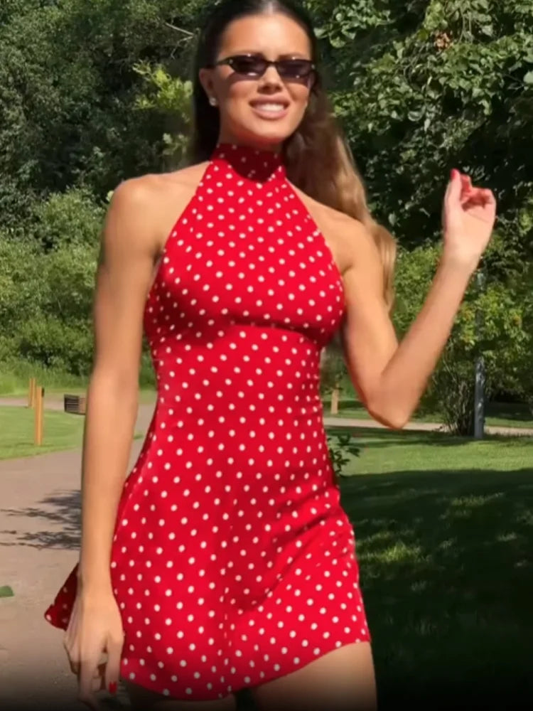 Polka Dot Halter Backless Mini Dress — Sleeveless Bodycon Party Dress