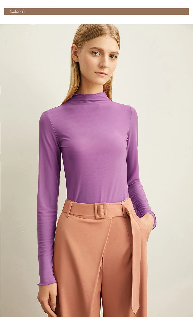 Semi-Turtleneck Slim Mesh Long Sleeve Top — Women's Casual Bottoming Shirt