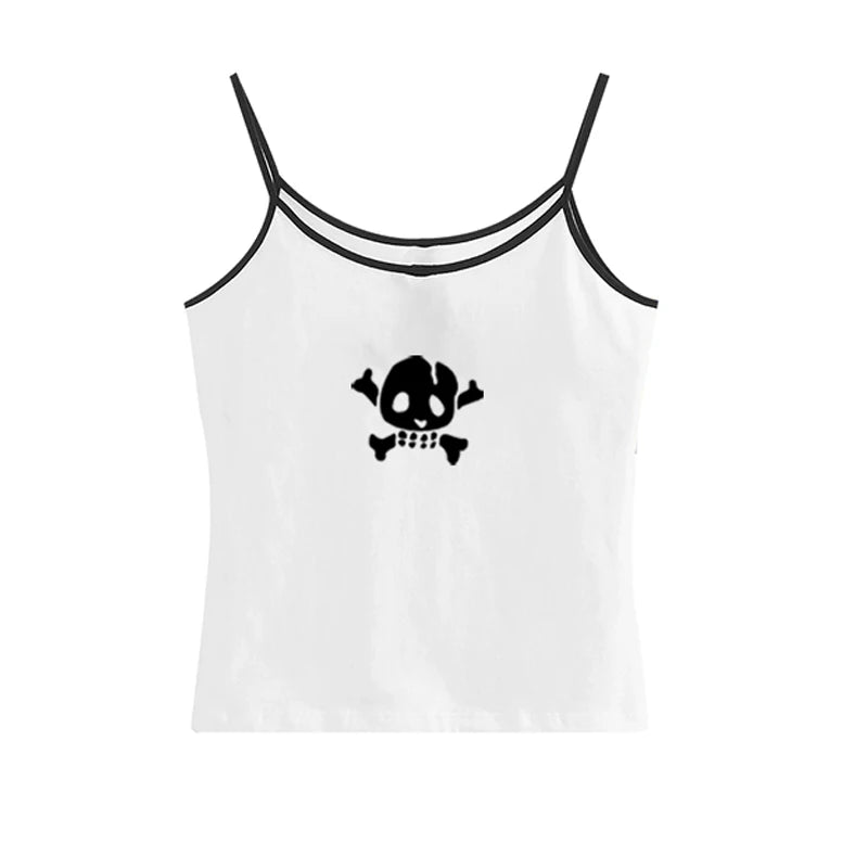 Y2K Skull Lace Crop Tank Top — Harajuku Goth Graphic Sleeveless Top