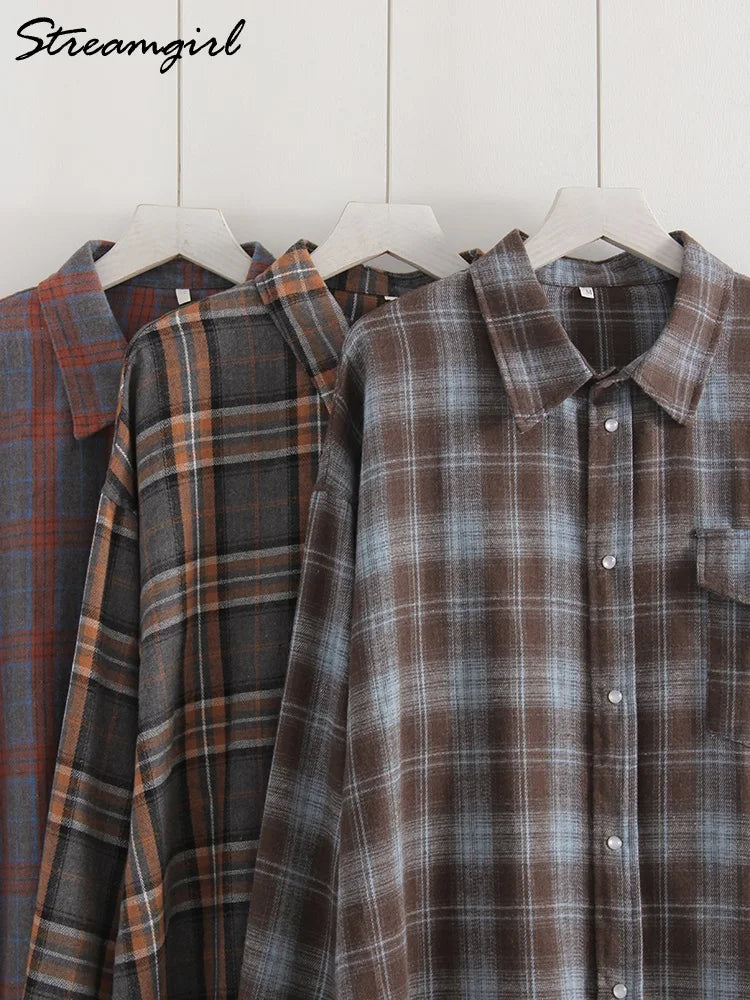 Oversized Vintage Plaid Shirt — Women's Loose Long Sleeve Flannel Top