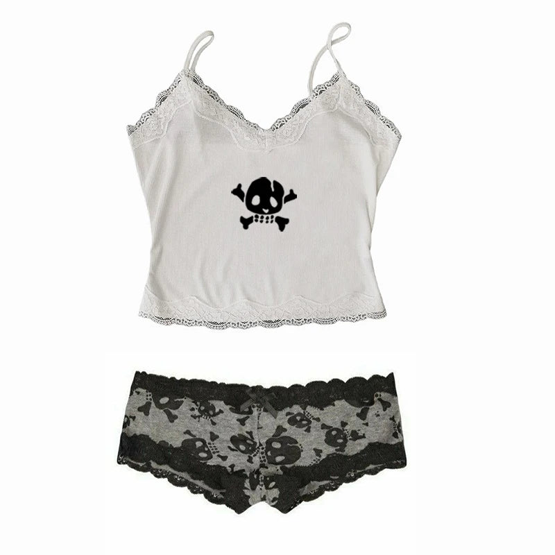 Y2K Skull Lace Crop Tank Top — Harajuku Goth Graphic Sleeveless Top