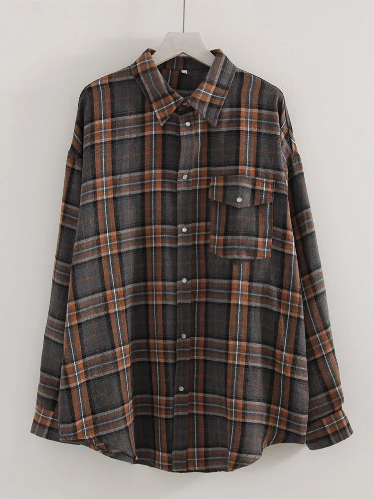 Oversized Vintage Plaid Shirt — Women's Loose Long Sleeve Flannel Top