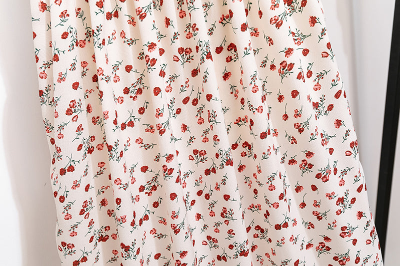 Printed Floral Chiffon Midi Dress — Short Sleeve Elastic Waist Summer Dress