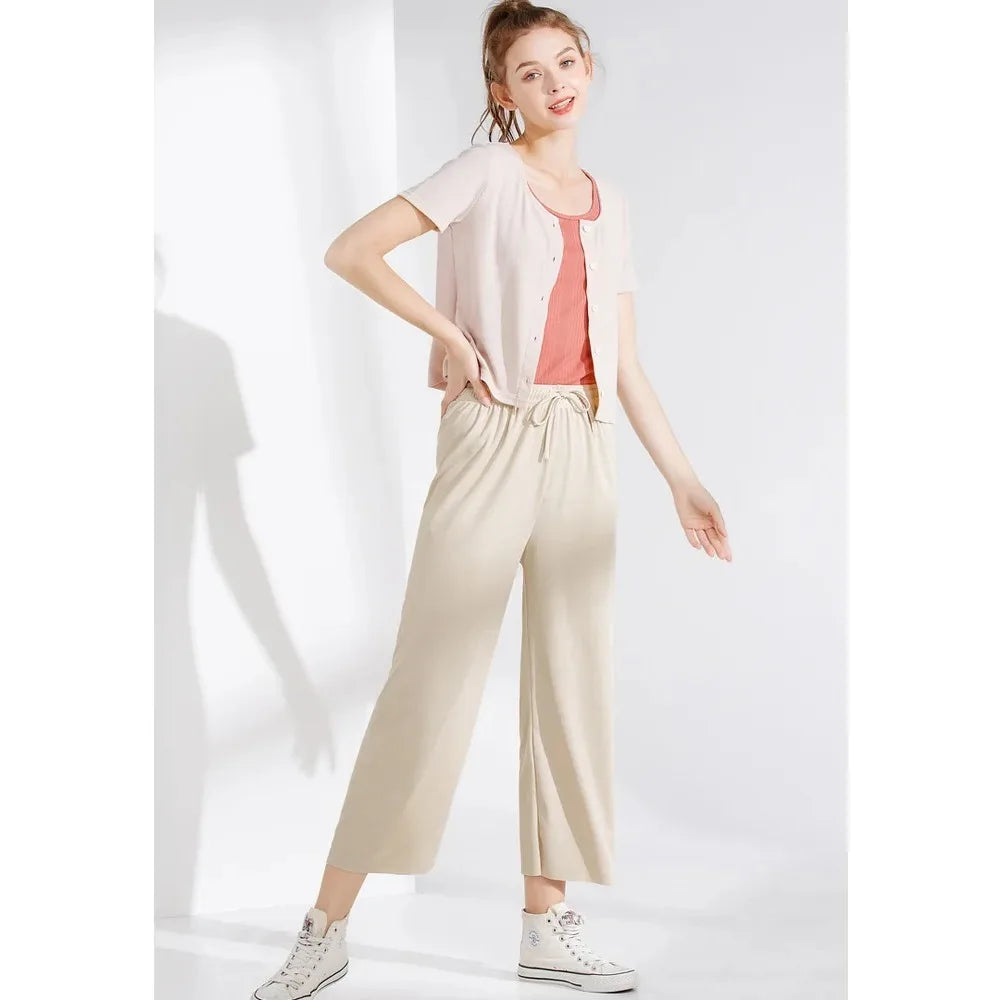 Ice Silk Wide Leg Pants — Elastic Waist Loose Summer Trousers