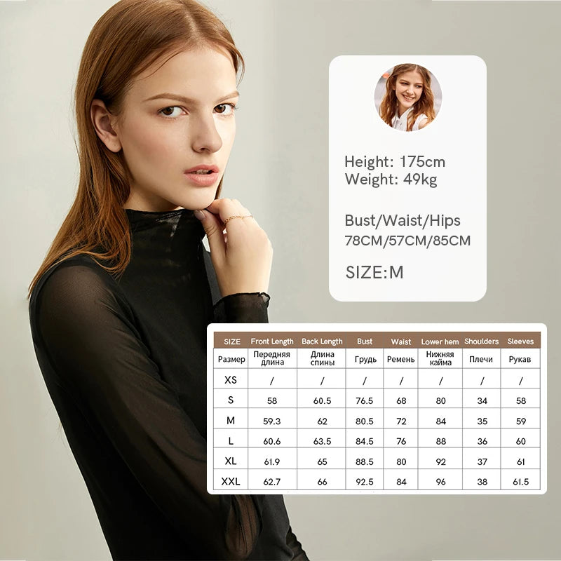 Semi-Turtleneck Slim Mesh Long Sleeve Top — Women's Casual Bottoming Shirt