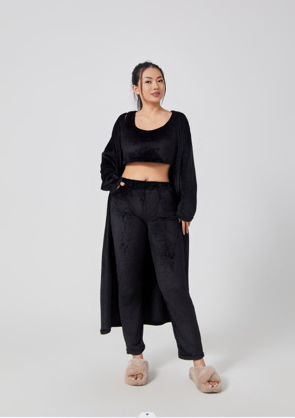 Cozy 3-Piece Lounge Set — Fluffy Crop Top, Wide-Leg Pants & Cardigan