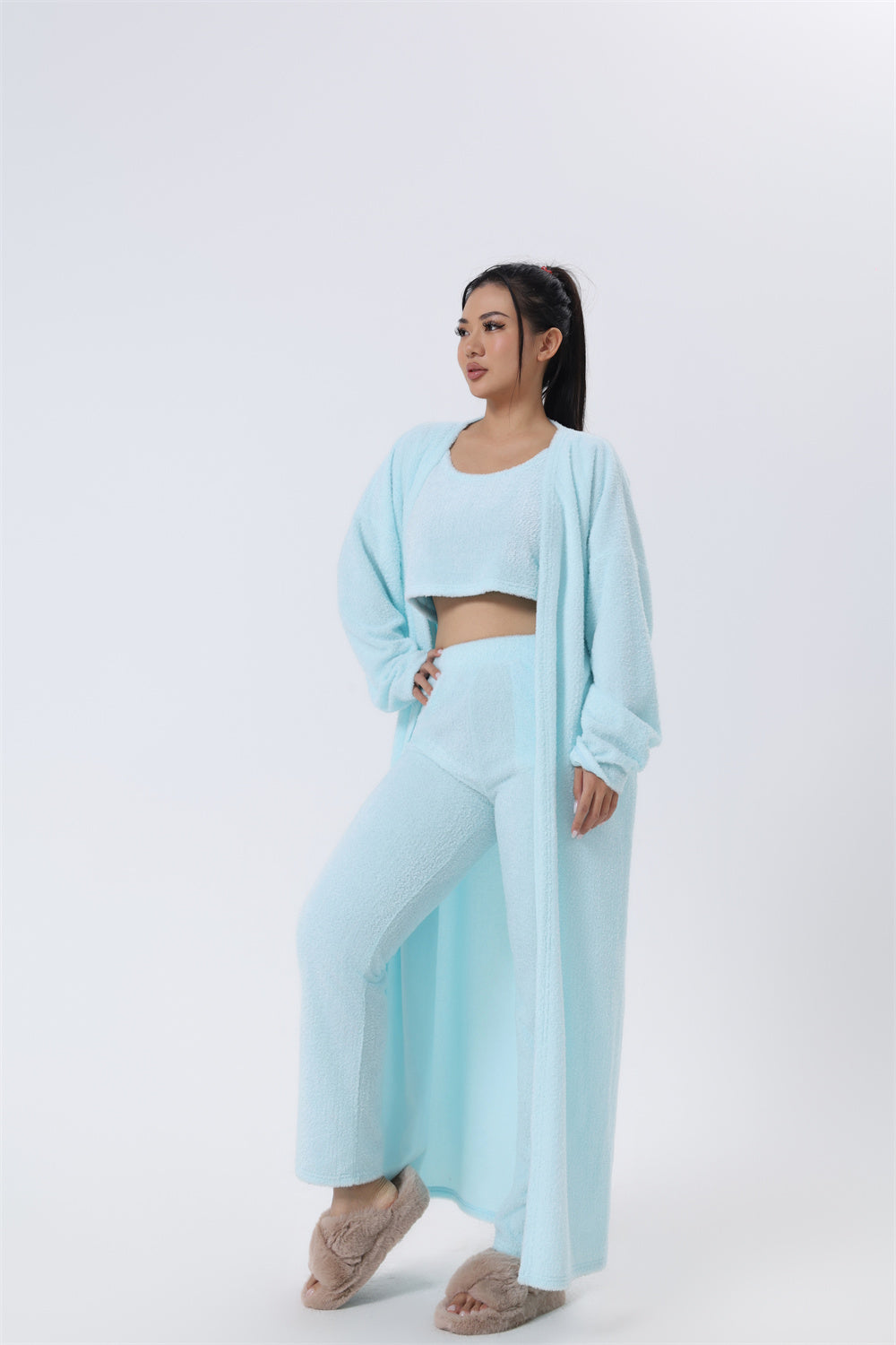Cozy 3-Piece Lounge Set — Fluffy Crop Top, Wide-Leg Pants & Cardigan