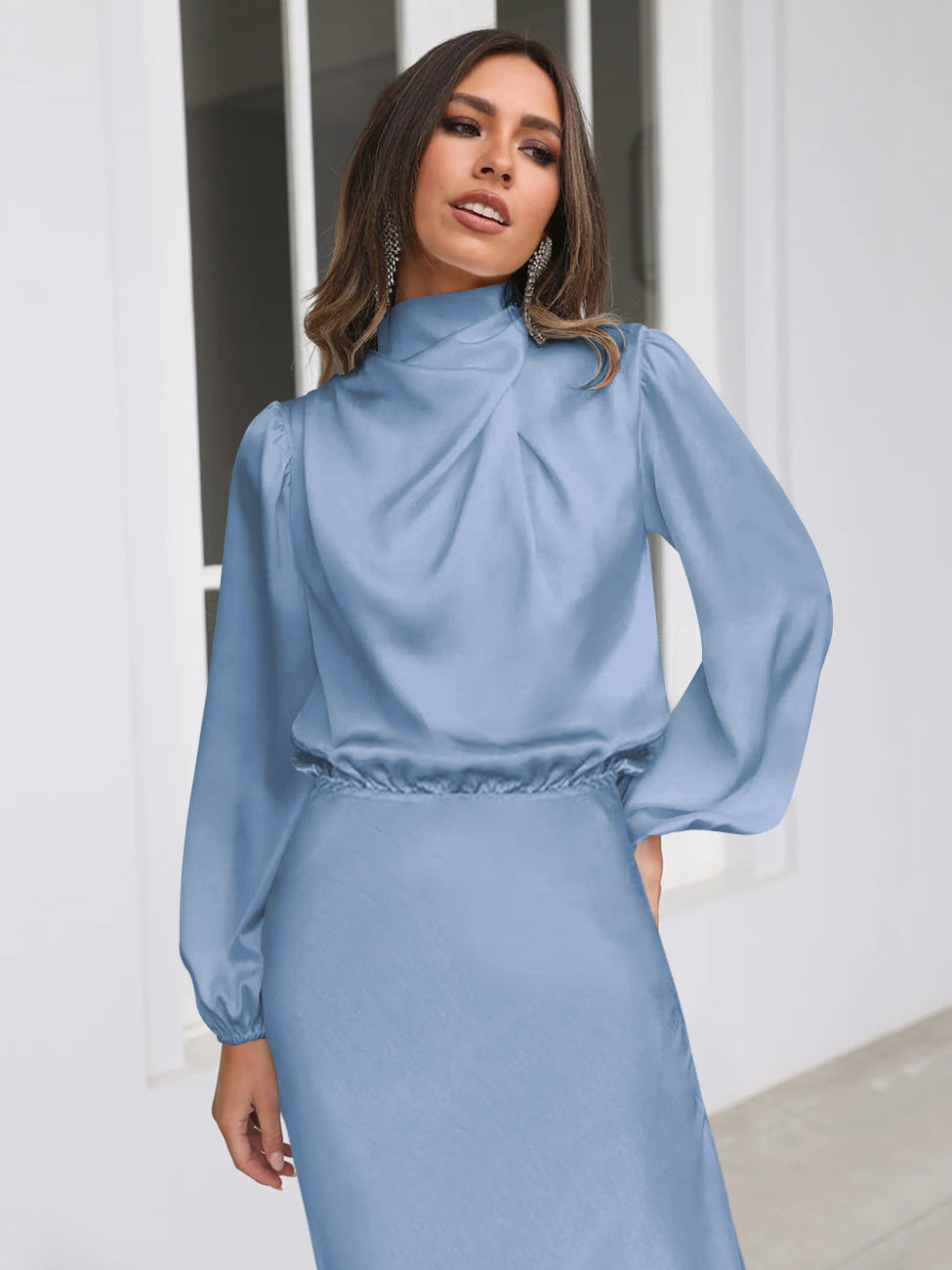Satin Halterneck Evening Gown — Long Sleeve Formal Dress