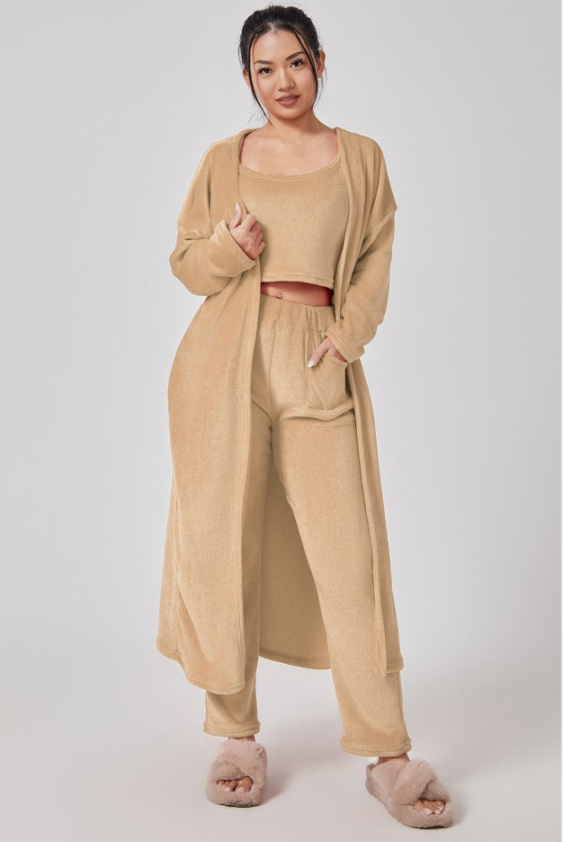 Cozy 3-Piece Lounge Set — Fluffy Crop Top, Wide-Leg Pants & Cardigan