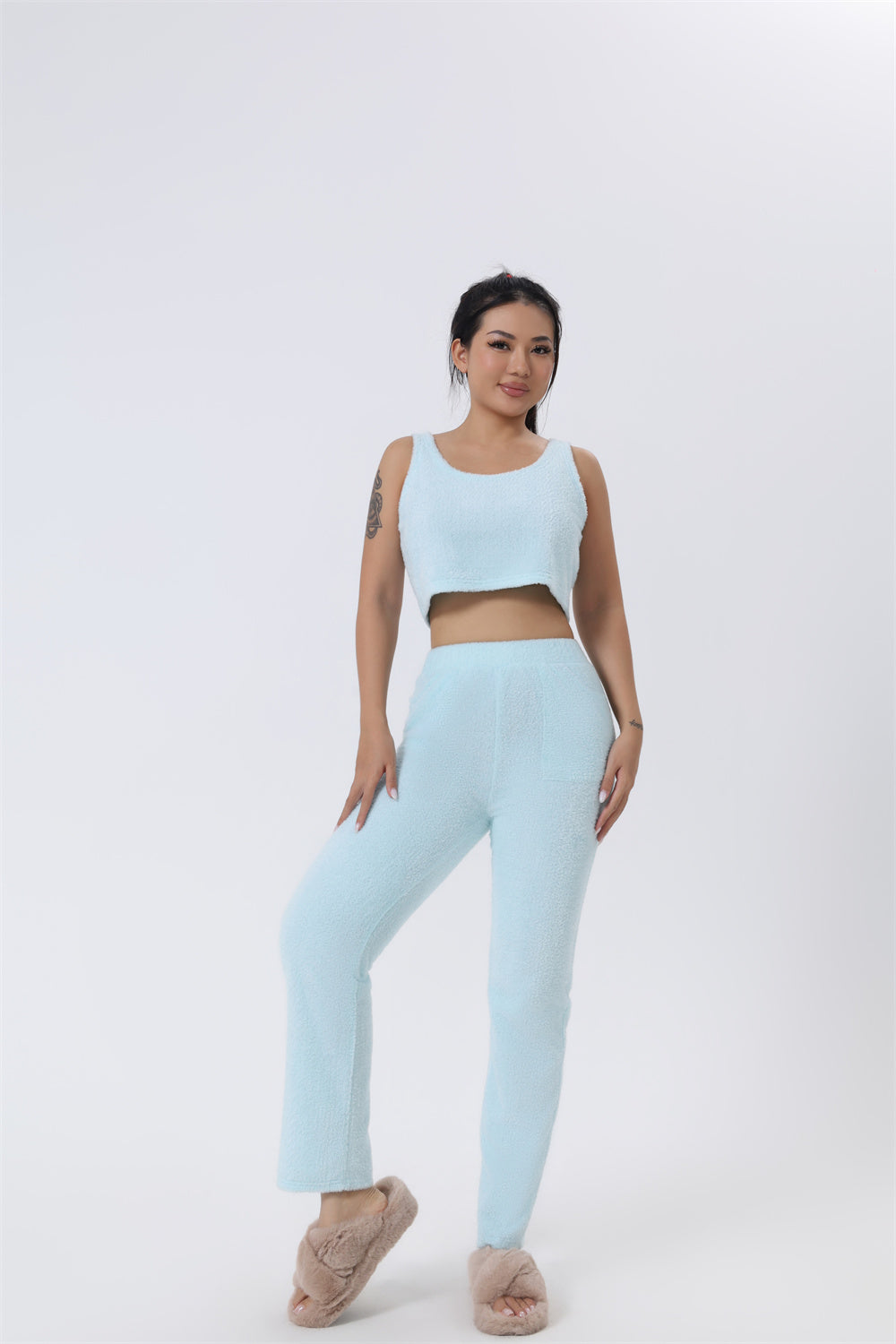 Cozy 3-Piece Lounge Set — Fluffy Crop Top, Wide-Leg Pants & Cardigan