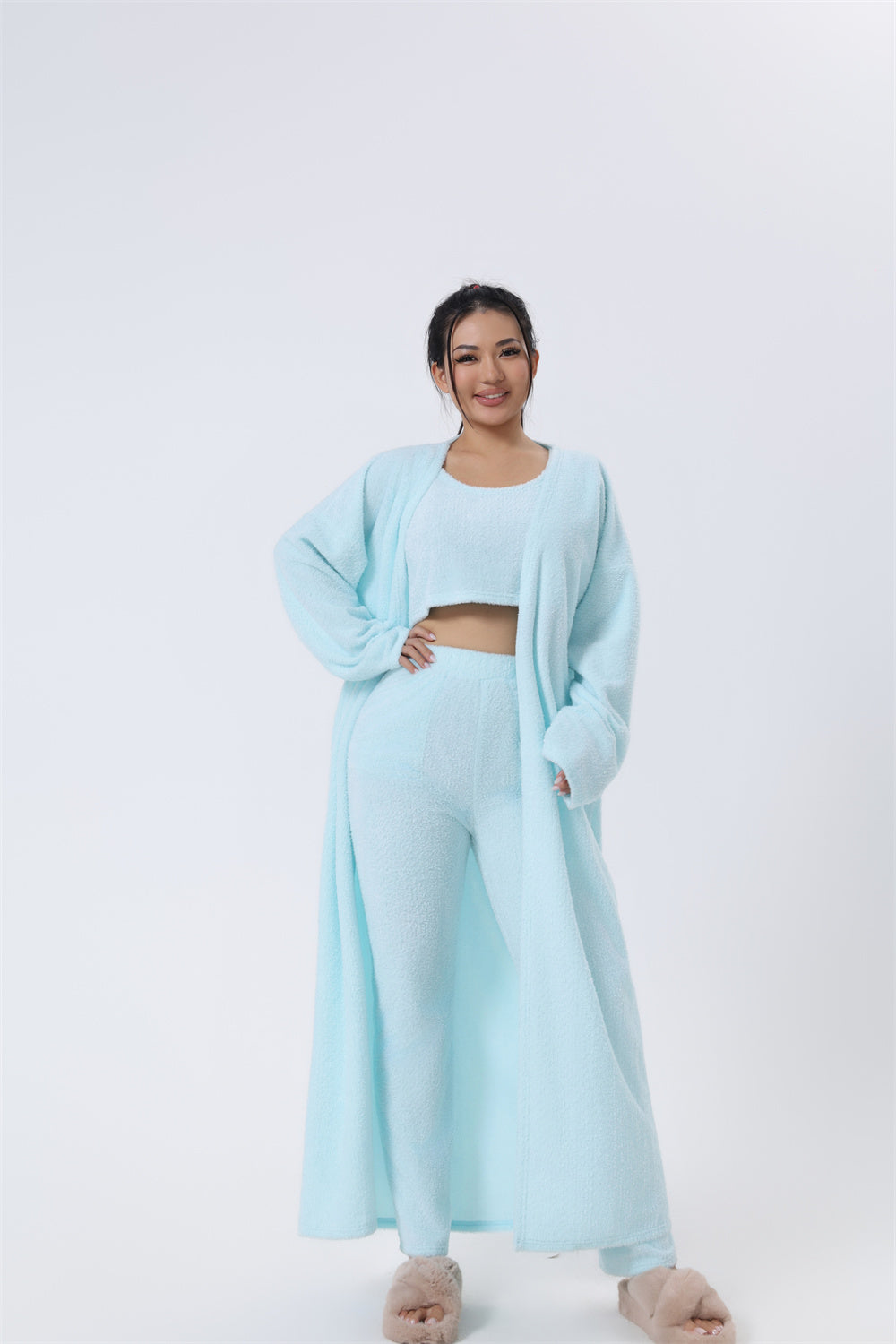 Cozy 3-Piece Lounge Set — Fluffy Crop Top, Wide-Leg Pants & Cardigan