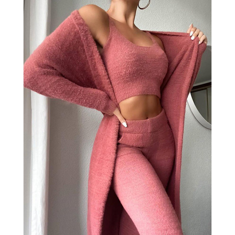 Cozy 3-Piece Lounge Set — Fluffy Crop Top, Wide-Leg Pants & Cardigan