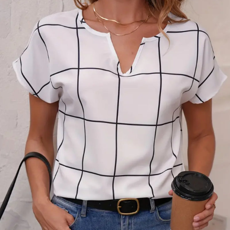 Plaid print notched neck blouse casual short sleeve spring summer top