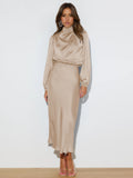 Satin Halterneck Evening Gown — Long Sleeve Formal Dress