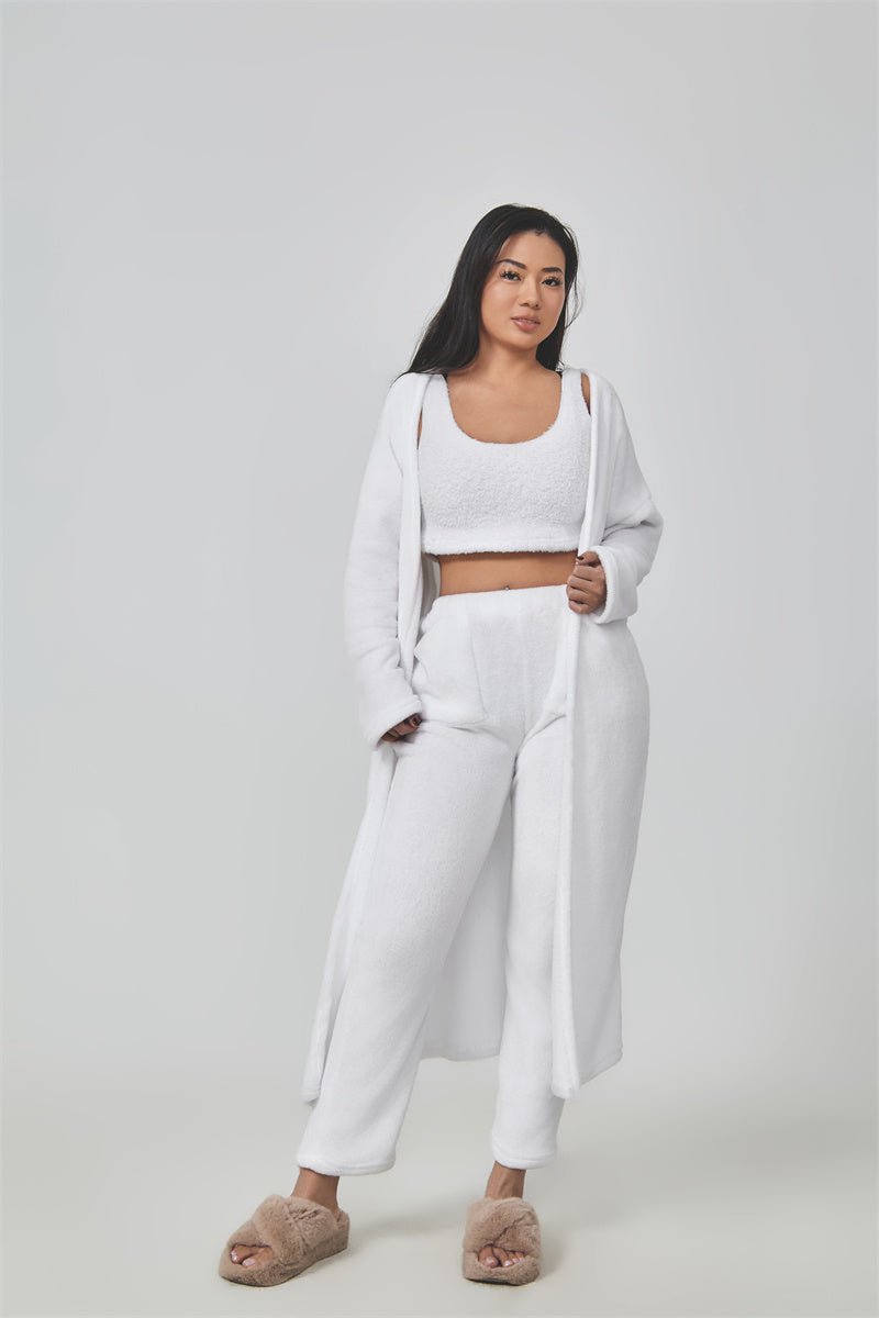 Cozy 3-Piece Lounge Set — Fluffy Crop Top, Wide-Leg Pants & Cardigan